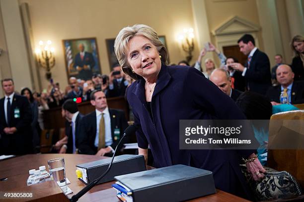 Former Secretary of State Hillary Clinton arrives to testify before a House Select Committee on Benghazi hearing in Longworth Building, October 22,...