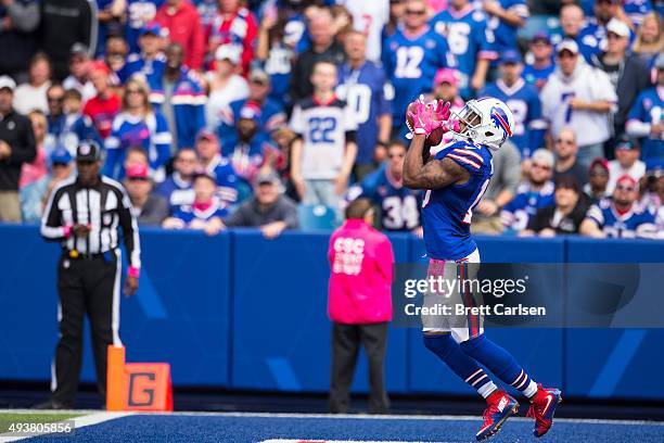 Percy Harvin of the Buffalo Bills fields a kickoff during the first half against the New York Giants on October 4, 2015 at Ralph Wilson Stadium in...