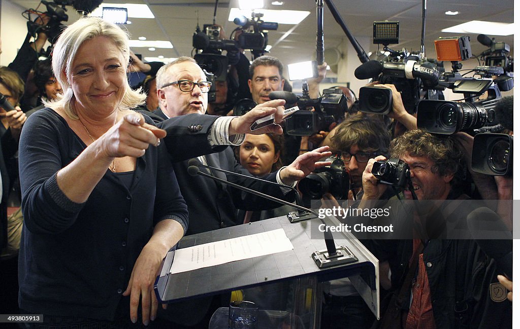 French Far-right Front National (FN) Party President Marine Le Pen Gives A Press Conference The European Elections