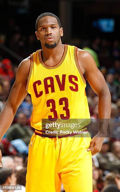 Dionte Christmas of the Cleveland Cavaliers looks on during the game against the Milwaukee Bucks on October 13, 2015 at Quicken Loans Arena in...