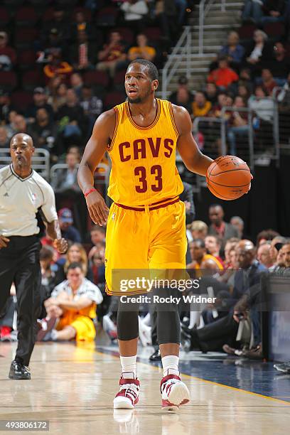 Dionte Christmas of the Cleveland Cavaliers brings the ball up the court against the Milwaukee Bucks on October 13, 2015 at Quicken Loans Arena in...