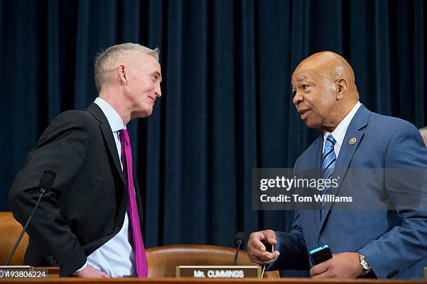 Chairman Trey Gowdy, R-S.C., left, and Ranking Member Elijah Cummings, D-Md., talk before a House Select Committee on Benghazi hearing in Longworth...