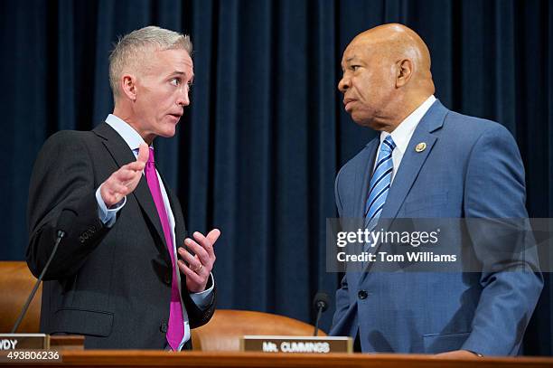 Chairman Trey Gowdy, R-S.C., left, and Ranking Member Elijah Cummings, D-Md., talk before a House Select Committee on Benghazi hearing in Longworth...