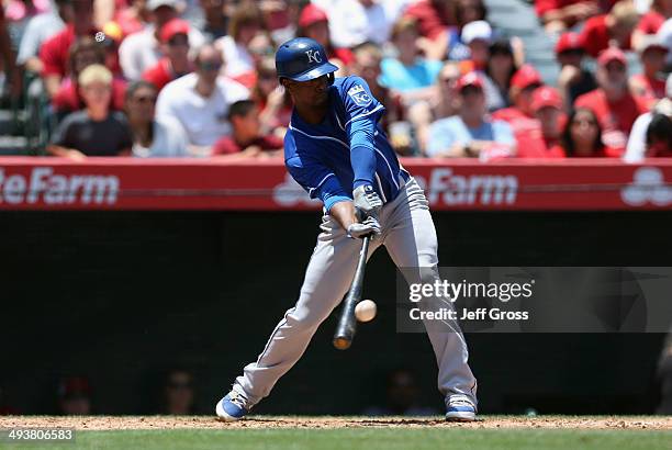 Pedro Ciriaco of the Kansas City Royals hits an RBI double in the third inning at Angel Stadium of Anaheim on May 25, 2014 in Anaheim, California.