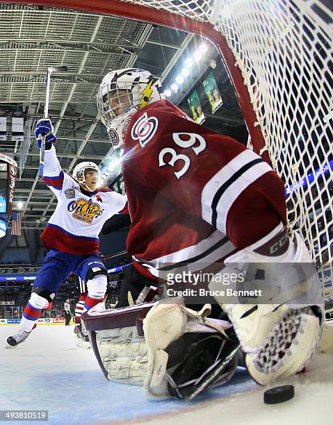 Curtis Lazar of the Edmonton Oil Kings celebrates a goal by Edgars Kulda at 6:06 of the second period against Justin Nichols of the Guelph Storm...