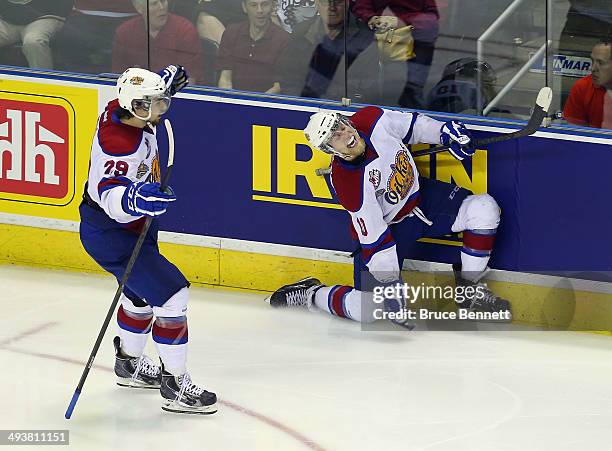 Henrik Samuelsson of the Edmonton Oil Kings celebrates his third period goal against the Guelph Storm during the 2014 Memorial Cup championship game...