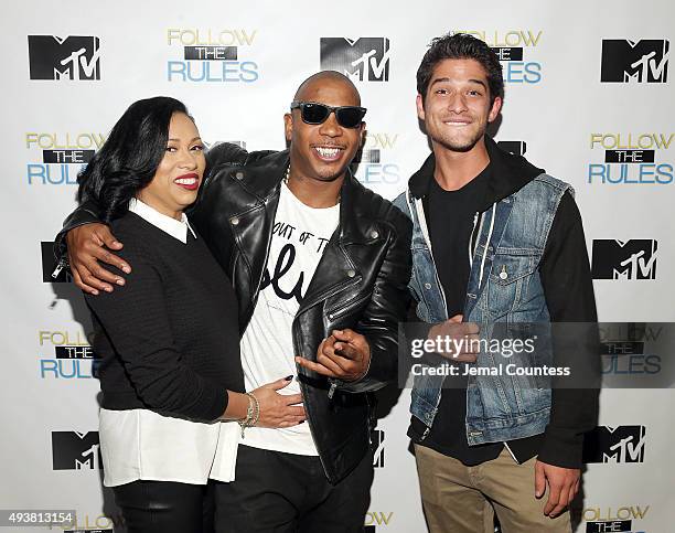 Aisha Atkins, rapper Ja Rule and actor Tyler Posey attend the MTV And Ja Rule: "Follow The Rules" Premiere Party at Catch on October 21, 2015 in New...