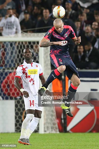 Nicolas Pallois for FC Girondins de Bordeaux and Moussa Konate in action during the Europa League game between FC Girondins de Bordeaux and FC Sion...