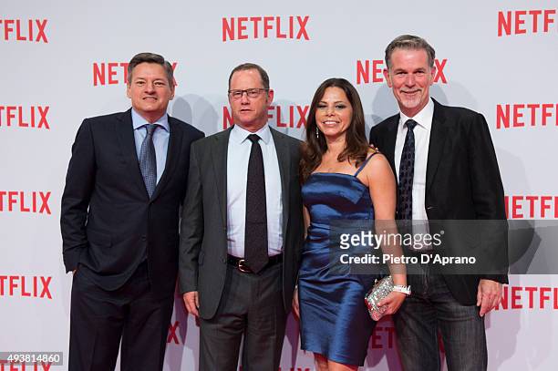 Ted Sarandos, Jonathan Friedland, Reed Hastings attend the red carpet for the Netflix launch at Palazzo Del Ghiaccio on October 22, 2015 in Milan,...