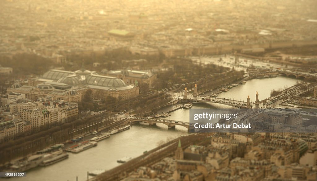 Paris view with golden light with Sena and bridges