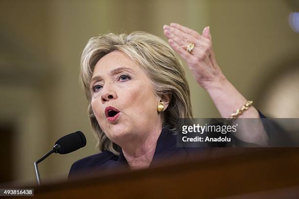 Former Secretary of State and Democratic Presidential Candidate Hillary Clinton testifies in front of the Benghazi Committee during a hearing on the...