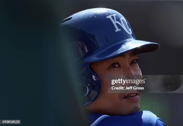 Norichika Aoki of the Kansas City Royals prepares to come into the game against the Los Angeles Angels of Anaheim as a pinch runner in the ninth...