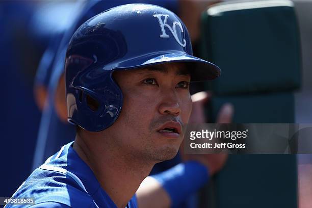 Norichika Aoki of the Kansas City Royals prepares to come into the game against the Los Angeles Angels of Anaheim as a pinch runner in the ninth...