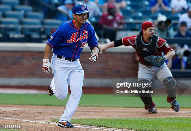 Daisuke Matsuzaka of the New York Mets bunts the ball for a fiielder's choice in the fourth inning against the Arizona Diamondbacks during game Two...