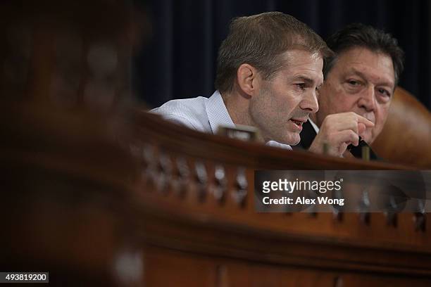 Rep. Jim Jordan speaks as Rep. Lynn Westmoreland listens during a hearing before the House Select Committee on Benghazi October 22, 2015 on Capitol...
