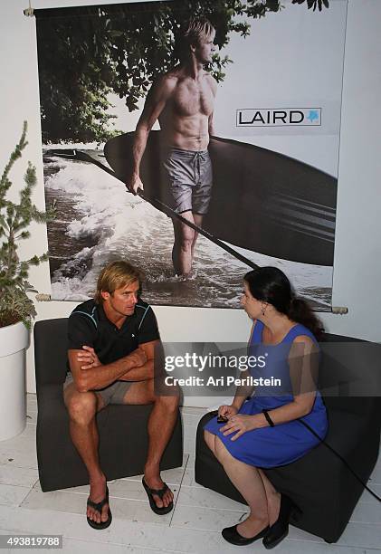 Professional surfer Laird Hamilton does an interview at the launch of his clothing line Laird Apparel by Laird Hamilton at Ron Robinson on October...