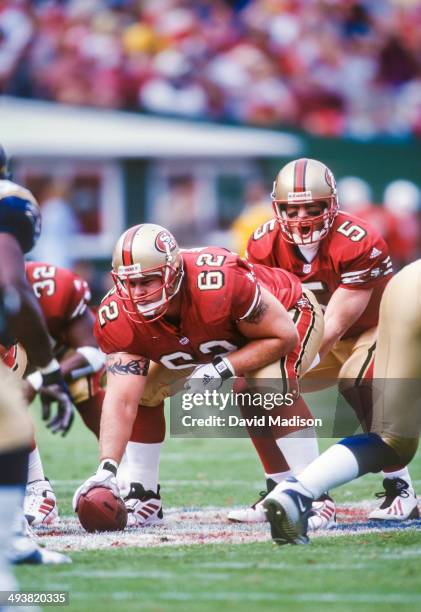 Jeremy Newberry of the San Francisco 49ers centers the ball to quarterback Jeff Garcia during a National Football League game against the St. Louis...