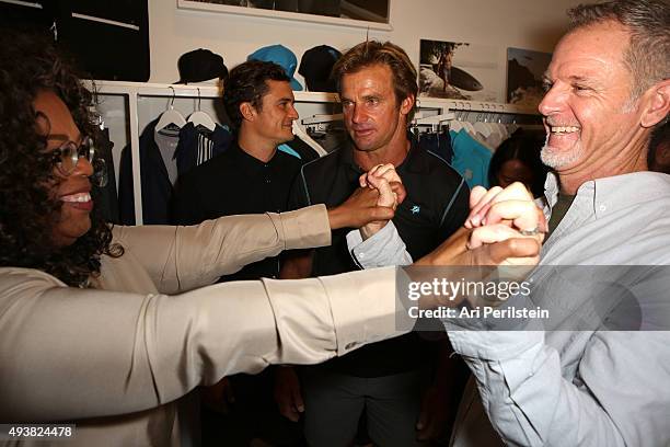 Oprah Winfrey and President of Laird Apparel Tim Garrett attend the launch of Laird Apparel by Laird Hamilton at Ron Robinson on October 22, 2015 in...