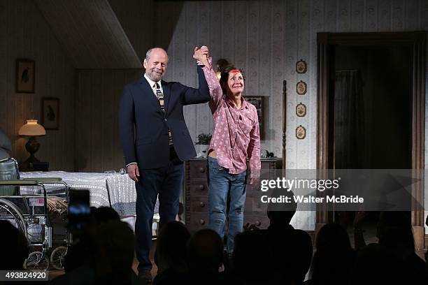 Bruce Willis and Laurie Metcalf onstage during the first Broadway performance curtain call of 'Misery' at the Broadhurst Theatre on October 22, 2015...