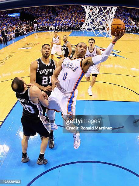 Russell Westbrook of the Oklahoma City Thunder drives to the basket against Manu Ginobili of the San Antonio Spurs in the first half during Game...