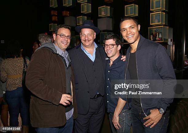 Christian McLaughlin, Jeff Ross, Stew Miller and host Trevor Noah attends Comedy Central's The Daily Show with Trevor Noah premiere party event on...