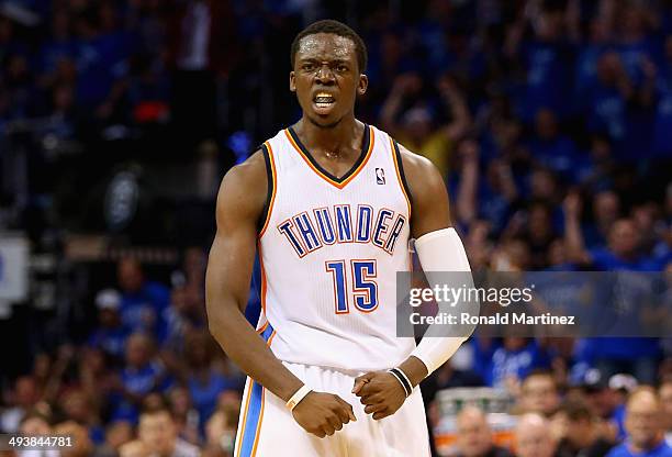 Reggie Jackson of the Oklahoma City Thunder reacts after a play in the second half against the San Antonio Spurs during Game Three of the Western...