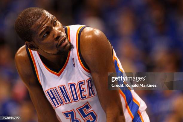 Kevin Durant of the Oklahoma City Thunder looks on in the fourth quarter against the San Antonio Spurs during Game Three of the Western Conference...