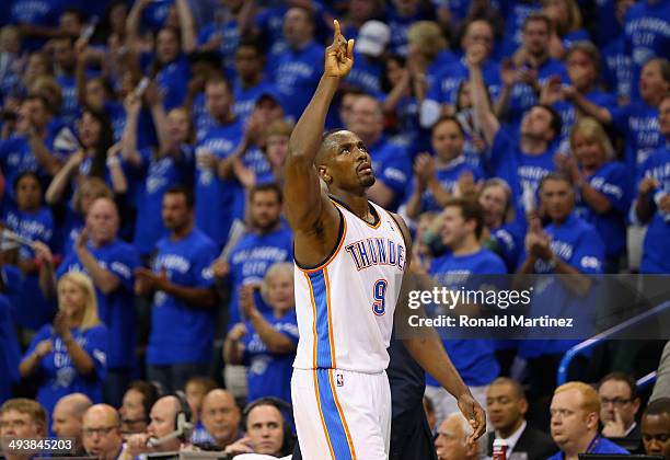 Serge Ibaka of the Oklahoma City Thunder reacts as he leaves the court in the second half against the San Antonio Spurs during Game Three of the...