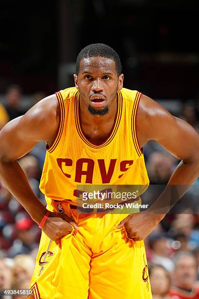 Dionte Christmas of the Cleveland Cavaliers looks on during the game against the Indiana Pacers on October 15, 2015 at Quicken Loans Arena in...