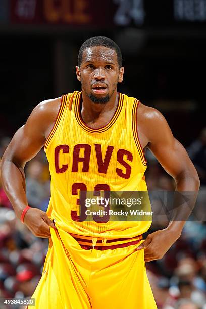 Dionte Christmas of the Cleveland Cavaliers looks on during the game against the Indiana Pacers on October 15, 2015 at Quicken Loans Arena in...