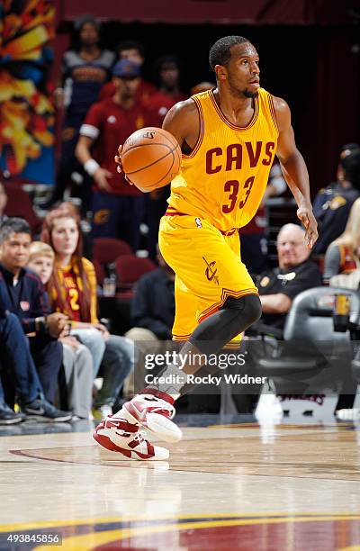 Dionte Christmas of the Cleveland Cavaliers handles the ball against the Indiana Pacers on October 15, 2015 at Quicken Loans Arena in Cleveland,...