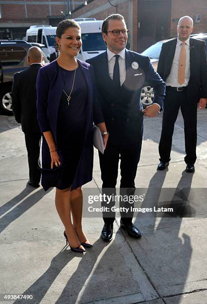 Crown Princess Victoria of Sweden and Prince Daniel of Sweden smiles during a visit to the enterprise driven project 'Ruta Motor' on October 22, 2015...