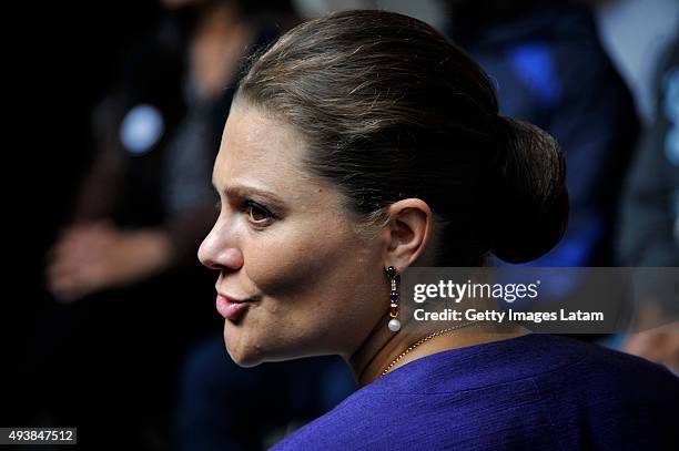 Crown Princess Victoria of Sweden gestures during a visit to the enterprise driven project 'Ruta Motor' on October 22, 2015 in Bogota, Colombia.