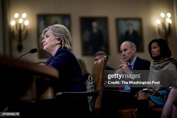 Former Secretary of State Hillary Clinton testifies before the House Select Committee on Benghazi on Capitol Hill in Washington, DC Thursday October...
