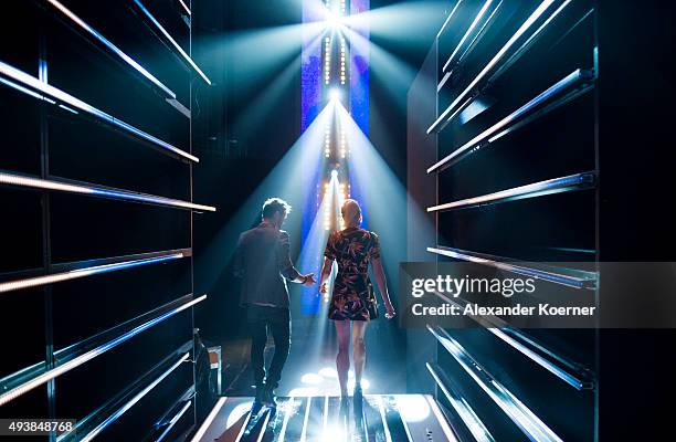 Lena Gercke and Thore Schoelermann are seen during rehearsals for the television talent show 'The Voice of Germany' on September 29, 2015 in Berlin,...