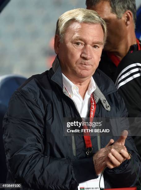 Libyan national soccer team coach Spanish Javier Clemente gestures during the 2016 African Nations Championship qualifying football match between...