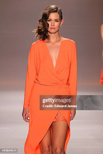 Model walks the runway at the Rachel Sin Spring/Summer 2016 fashion show during World Mastercard fashion week on October 22, 2015 at David Pecaut...