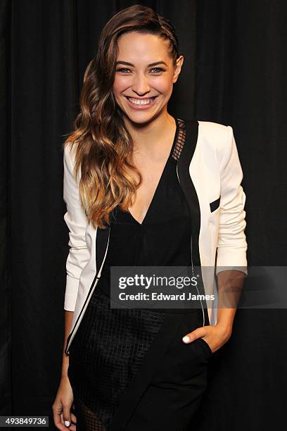 Model poses backstage at the Rachel Sin Spring/Summer 2016 fashion show during World Mastercard fashion week on October 22, 2015 at David Pecaut...