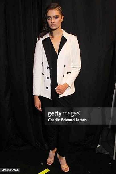 Model poses backstage at the Rachel Sin Spring/Summer 2016 fashion show during World Mastercard fashion week on October 22, 2015 at David Pecaut...
