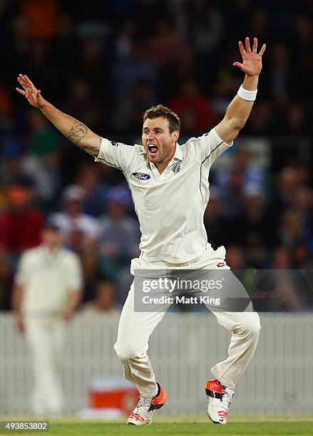 Doug Bracewell of New Zealand appeals during the tour match between the Prime Minister's XI and New Zealand at Manuka Oval on October 23, 2015 in...