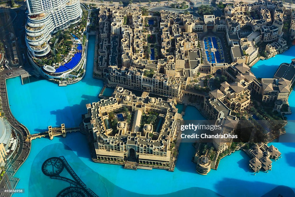 Dubai UAE: Aerial view of Souq and luxury hotels; opulence.
