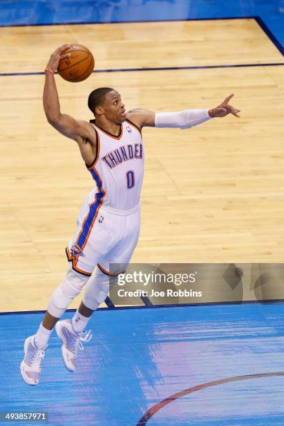 Russell Westbrook of the Oklahoma City Thunder goes up for a dunk in the second half against the San Antonio Spurs during Game Three of the Western...