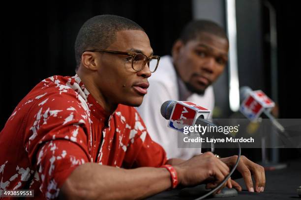 Russell Westbrook of the Oklahoma City Thunder speaks to the media after a game against the San Antonio Spurs in Game Three of the Western Conference...