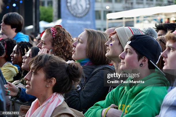 Fans attend the Tegan & Sara performance at the sold out 2014 Boston Calling Music Festival at Boston City Hall Plaza on May 25, 2014 in Boston,...