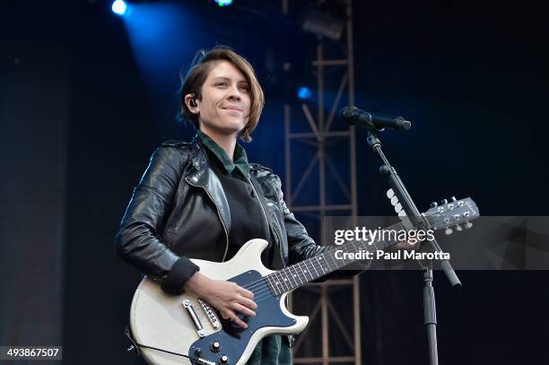 Sara Quin of Tegan & Sara perform to a sold out audience at the 2014 Boston Calling Music Festival at Boston City Hall Plaza on May 25, 2014 in...