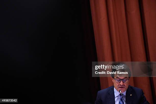 Acting President of Catalonia Artur Mas answers questions from members of the Parliament on October 23, 2015 in Barcelona, Spain. Artur Mas appeared...