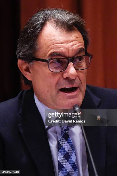 Acting President of Catalonia Artur Mas answers questions from members of the Parliament on October 23, 2015 in Barcelona, Spain. Artur Mas appeared...