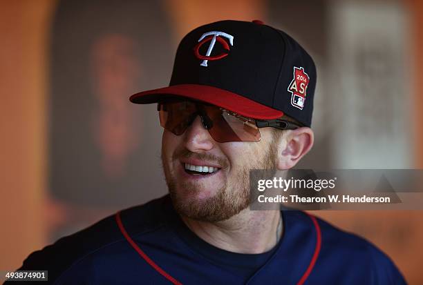 Chris Parmelee of the Minnesota Twins looks on from the dugout prior to the start of his game against the San Francisco Giants at AT&T Park on May...