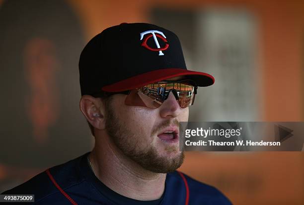 Chris Parmelee of the Minnesota Twins looks on from the dugout prior to the start of his game against the San Francisco Giants at AT&T Park on May...