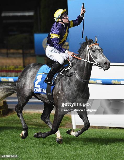 Tommy Berry riding Chautauqua reacts on the line to win Race 7, William Hill Manikato Stakes during Manikato Stakes Night at Moonee Valley Racecourse...